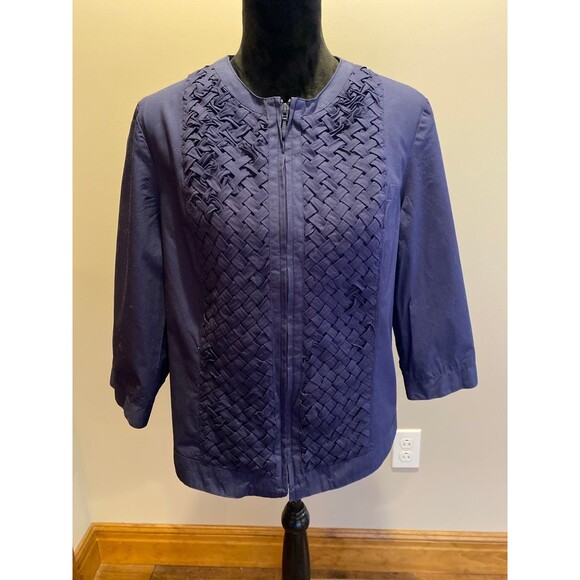Coldwatercreek Jacket Sz 12 Navy Basket weave Design Zipper Front Gathered Back - Picture 3 of 12